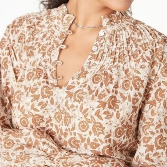 Cloebella Rezza Floral Neutral Metallic Smocked Sleeve Blouse Medium - Picture 4 of 15